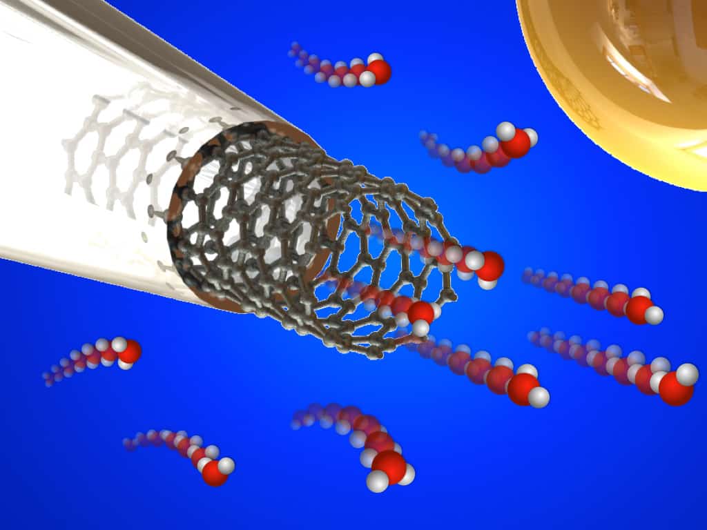 Umetnikov vtis tekočine, ki teče skozi ogljikovo nanocevko