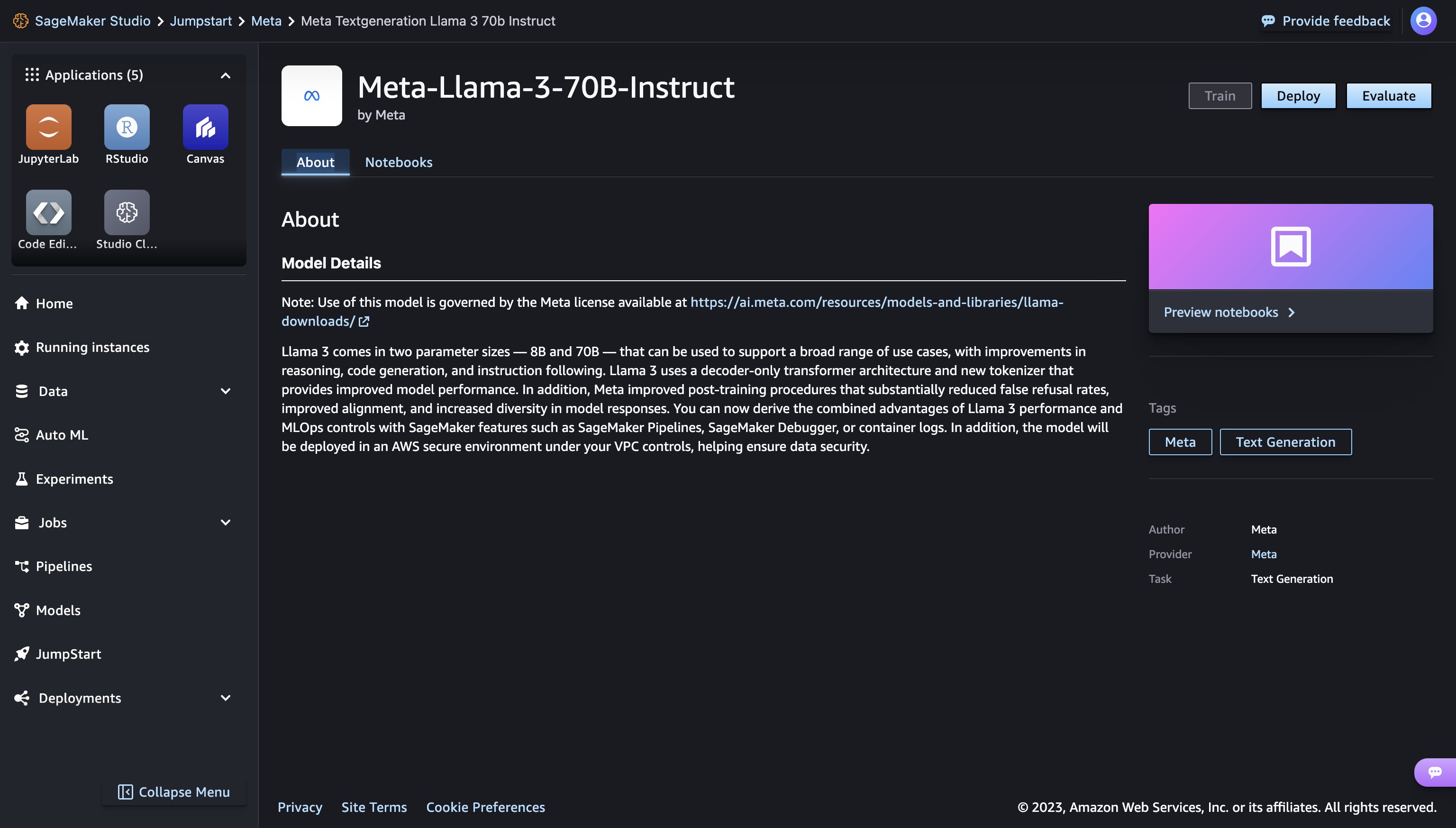 Meta Llama 3 models are now available in Amazon SageMaker JumpStart | Amazon Web Services show PlatoBlockchain Data Intelligence. Vertical Search. Ai.