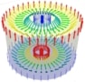 Diagram van twee skyrmionen die antiferromagnetisch aan elkaar zijn gekoppeld, weergegeven door groepen gekleurde pijlen