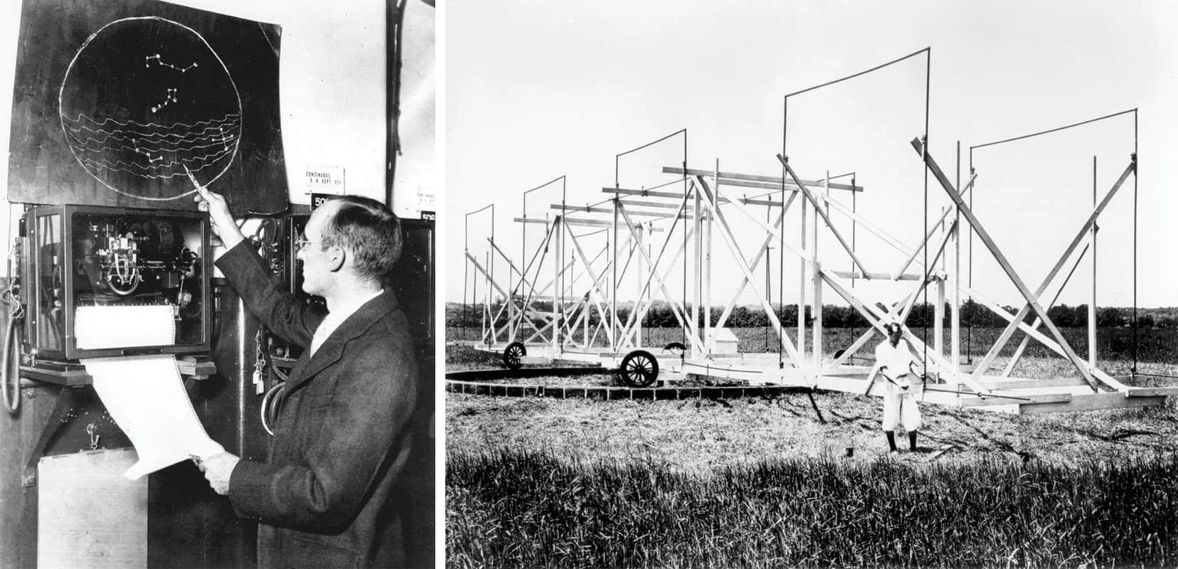 To sort/hvide fotos: en mand på et kontor og en stor metalkonstruktion på hjul