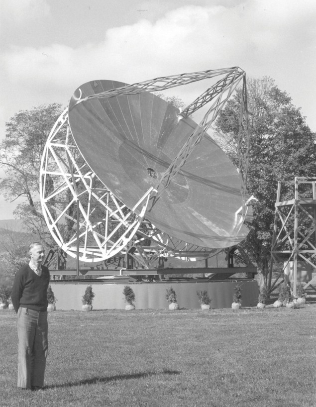 Radyo teleskopunun önünde duran bir adamın siyah beyaz fotoğrafı