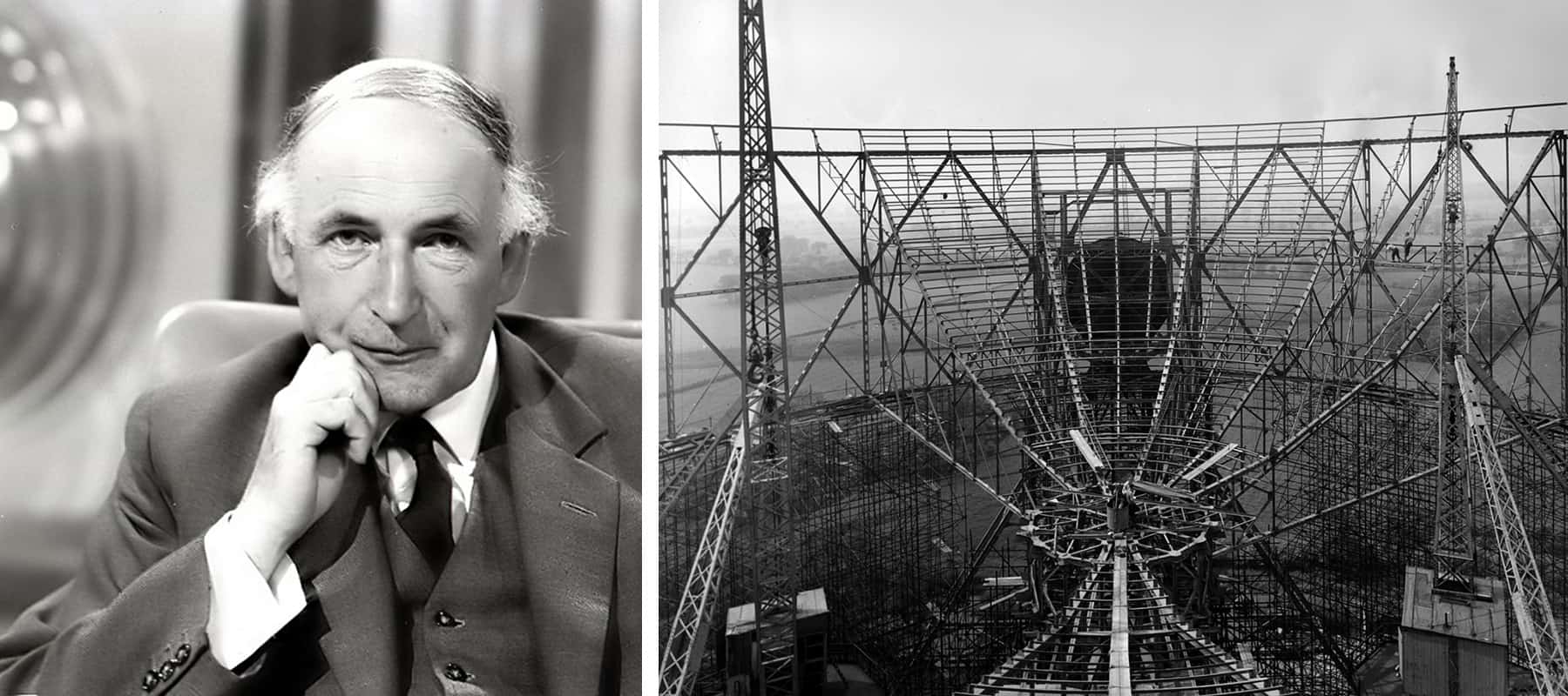 Zwei Schwarz-Weiß-Fotos: ein Mann im Anzug und ein großes Teleskop im Bau