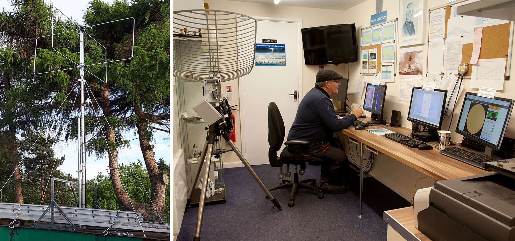 Due foto: un radiofaro e un uomo seduto alla scrivania che guarda diversi monitor di dati