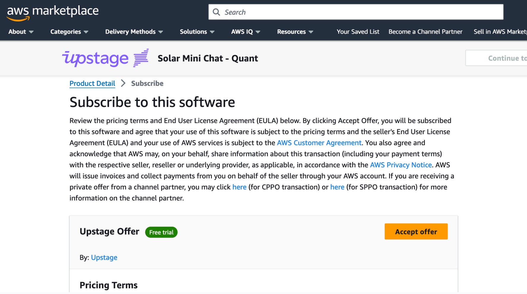 Figur - Godta tilbud om solcellemodell i AWS Marketplace