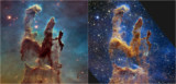 Οι Πυλώνες της Δημιουργίας όπως φαίνονται από το διαστημικό τηλεσκόπιο James Webb και το διαστημικό τηλεσκόπιο Hubble