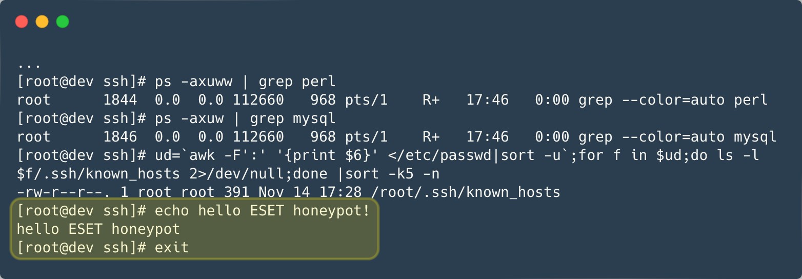 Figure 1. Interactions between the Ebury perpetrators and an ESET-operated honeypot, showing that the operators had flagged this system as a honeypot