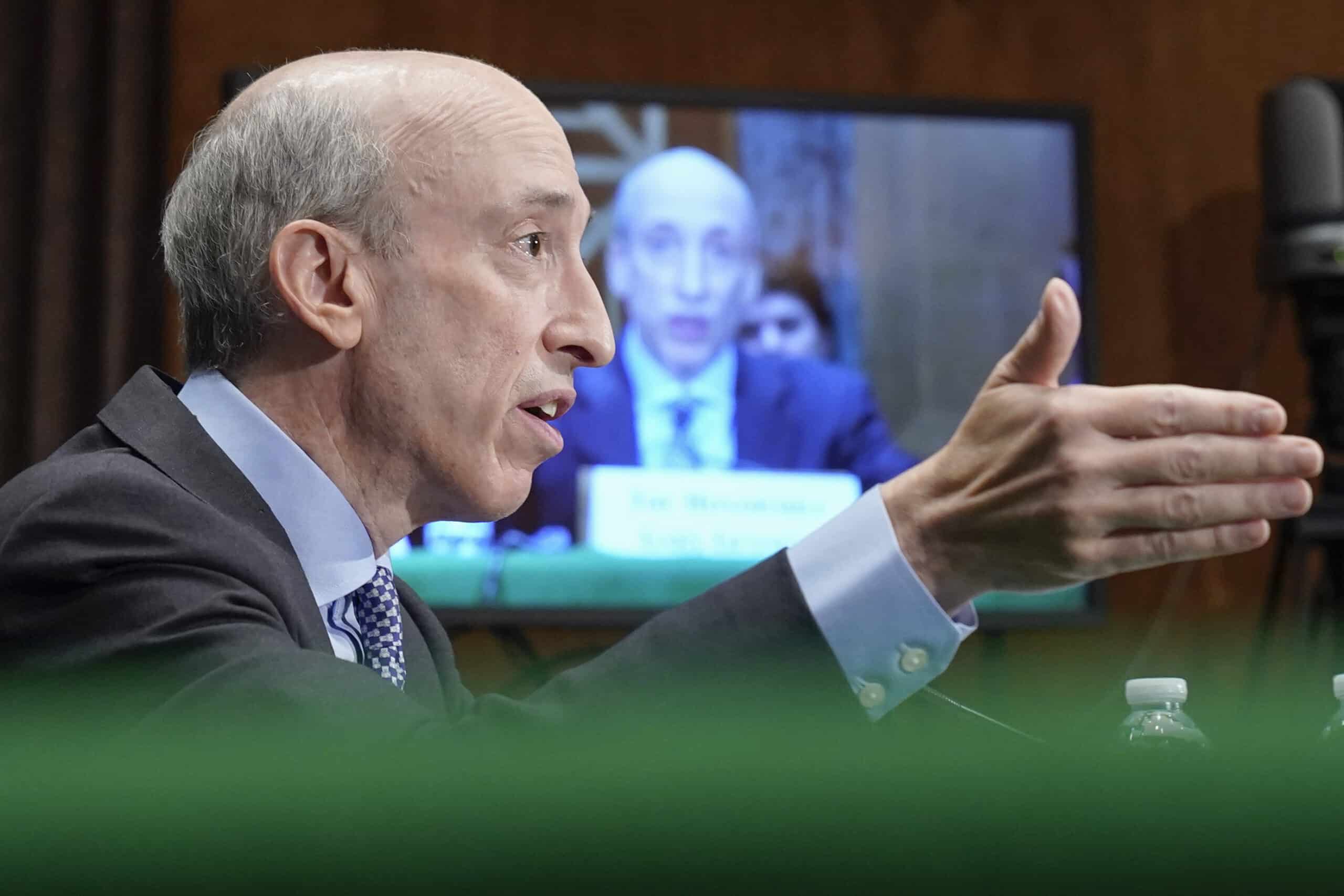 Securities and Exchange Commission Chair Gary Gensler testifies during a Senate Banking Committee Hybrid hearing on 'Oversight of the U.S. Securities and Exchange Commission," Tuesday, Sept. 12, 2023, on Capitol Hill in Washington. (AP Photo/Mariam Zuhaib)