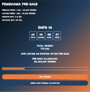پنگویانا، یک سکه میم با مضمون پنگوئن، برای راه‌اندازی نسخه نمایشی بازی برای کسب درآمد خود، تقریباً 30 درصد از تخصیص پیش‌فروش خود را پر می‌کند.
