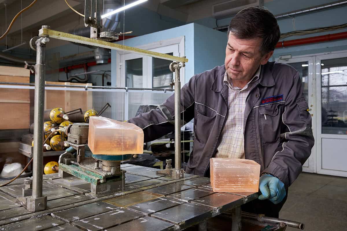 Andriy Shille, technician, processing alkali-halide scintillating crystals at the Institute for Scintillation Materials, Kharkiv