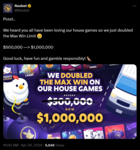 Roobet verdoppelt das maximale Gewinnlimit auf 1,000,000 $ bei In-House-Spielen | BitcoinChaser