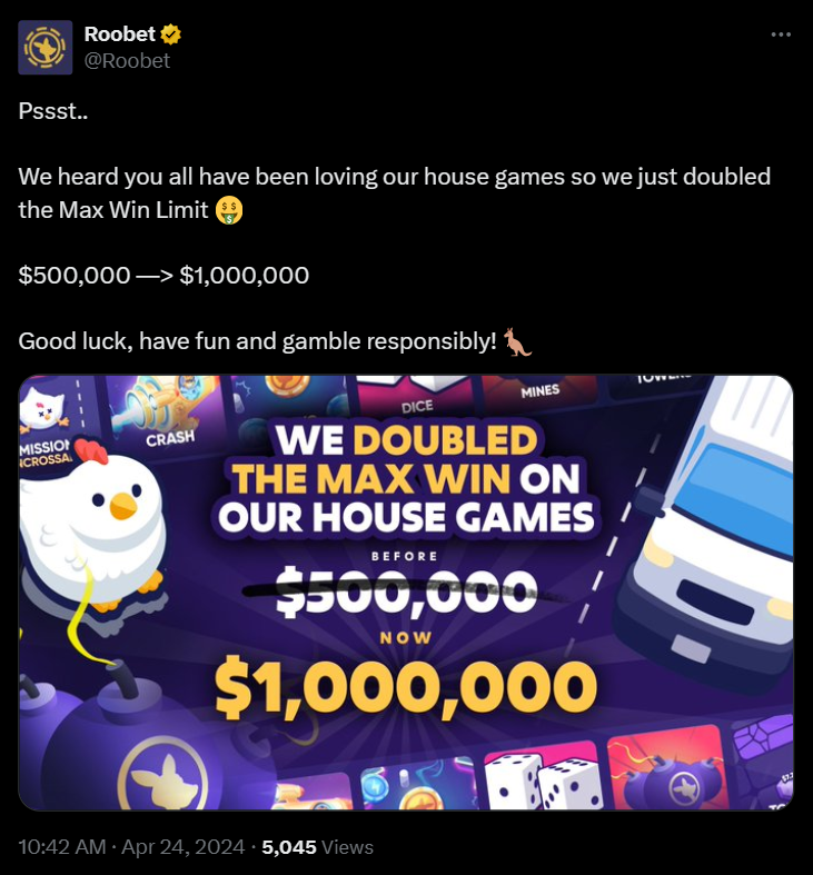 Roobet Doubles Max Win Limit to $1,000,000 on In-House Games | BitcoinChaser evidence PlatoBlockchain Data Intelligence. Vertical Search. Ai.