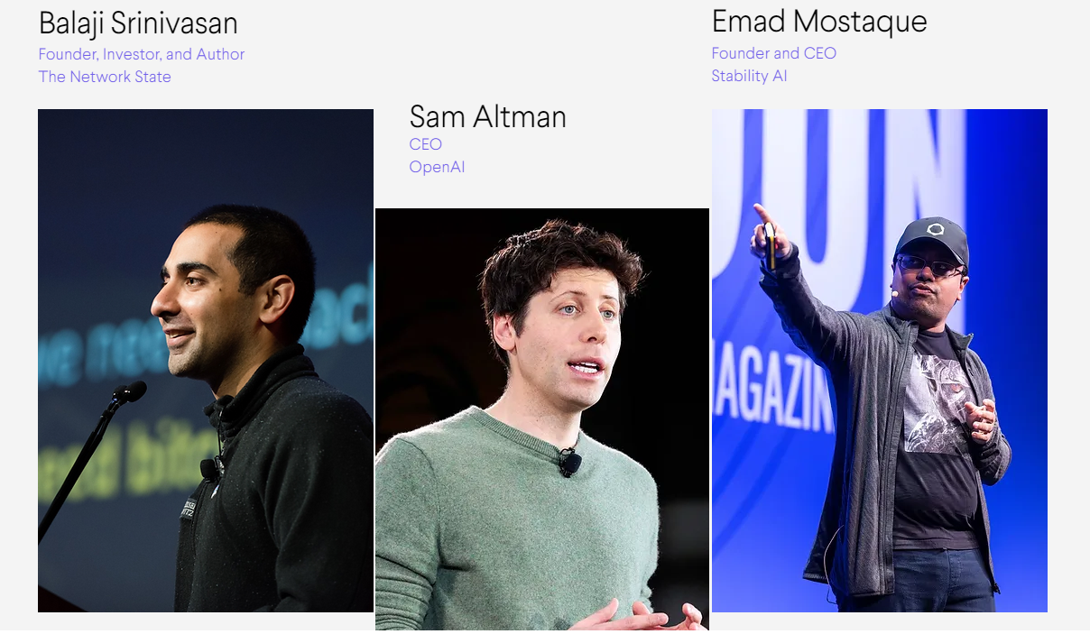 Prominent tech leaders Balaji Srinivasan, Sam Altman, and Emad Mostaque speaking at events. Balaji as founder of The Network State, Sam as CEO of OpenAI, and Emad as CEO of Stability AI.