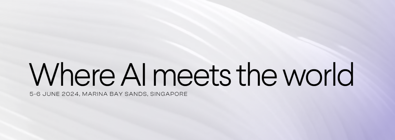 Banner for SuperAI conference 2024 with text 'Where AI Meets the World' at Marina Bay Sands, Singapore from June 5-6, 2024, featuring a soft white abstract background.