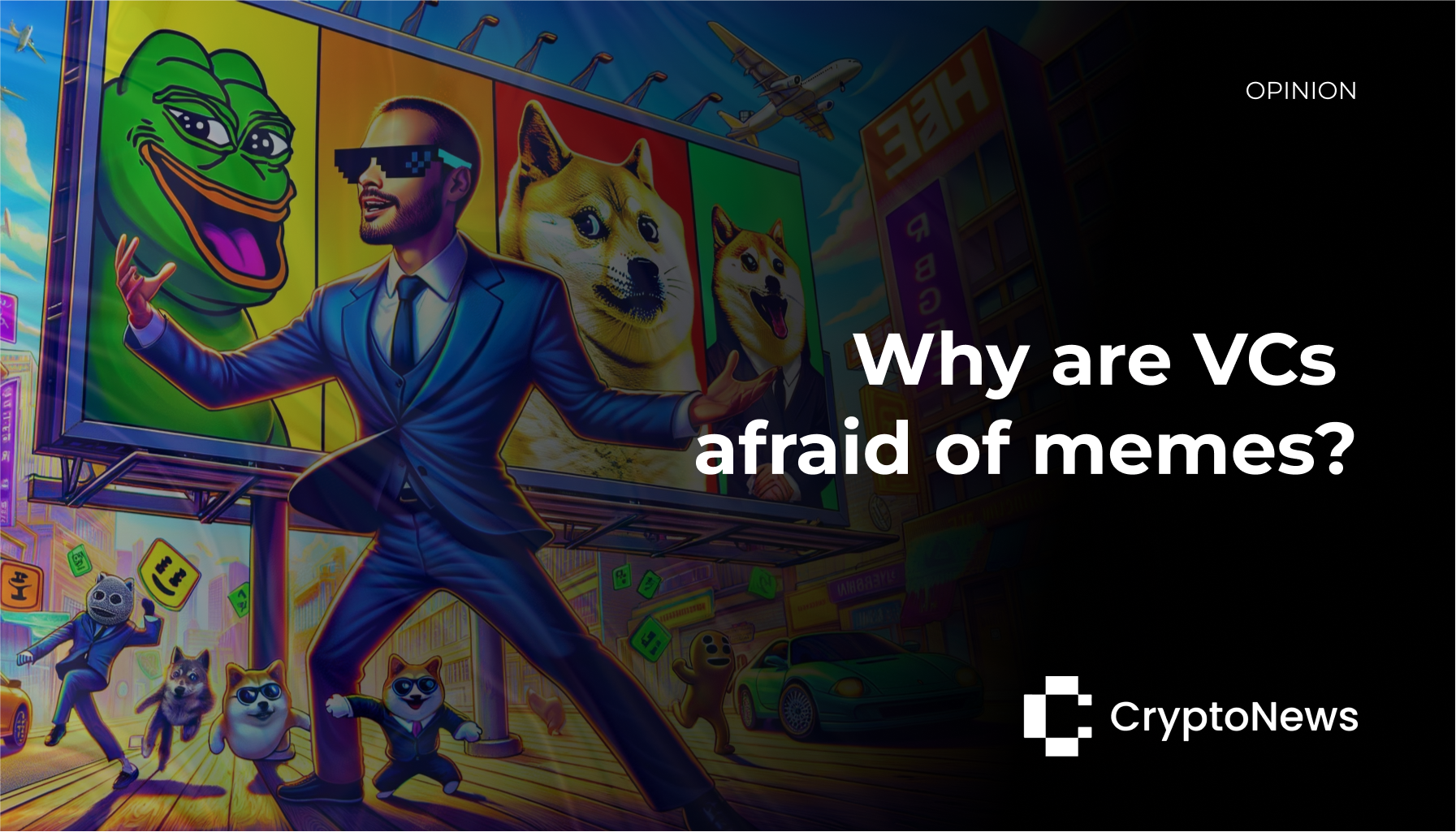 Colorful and dynamic image featuring meme icons like Doge, Pepe the Frog, and the Stonks man in a vibrant cityscape. A venture capitalist in a suit hides playfully behind a billboard, surrounded by playful meme characters.