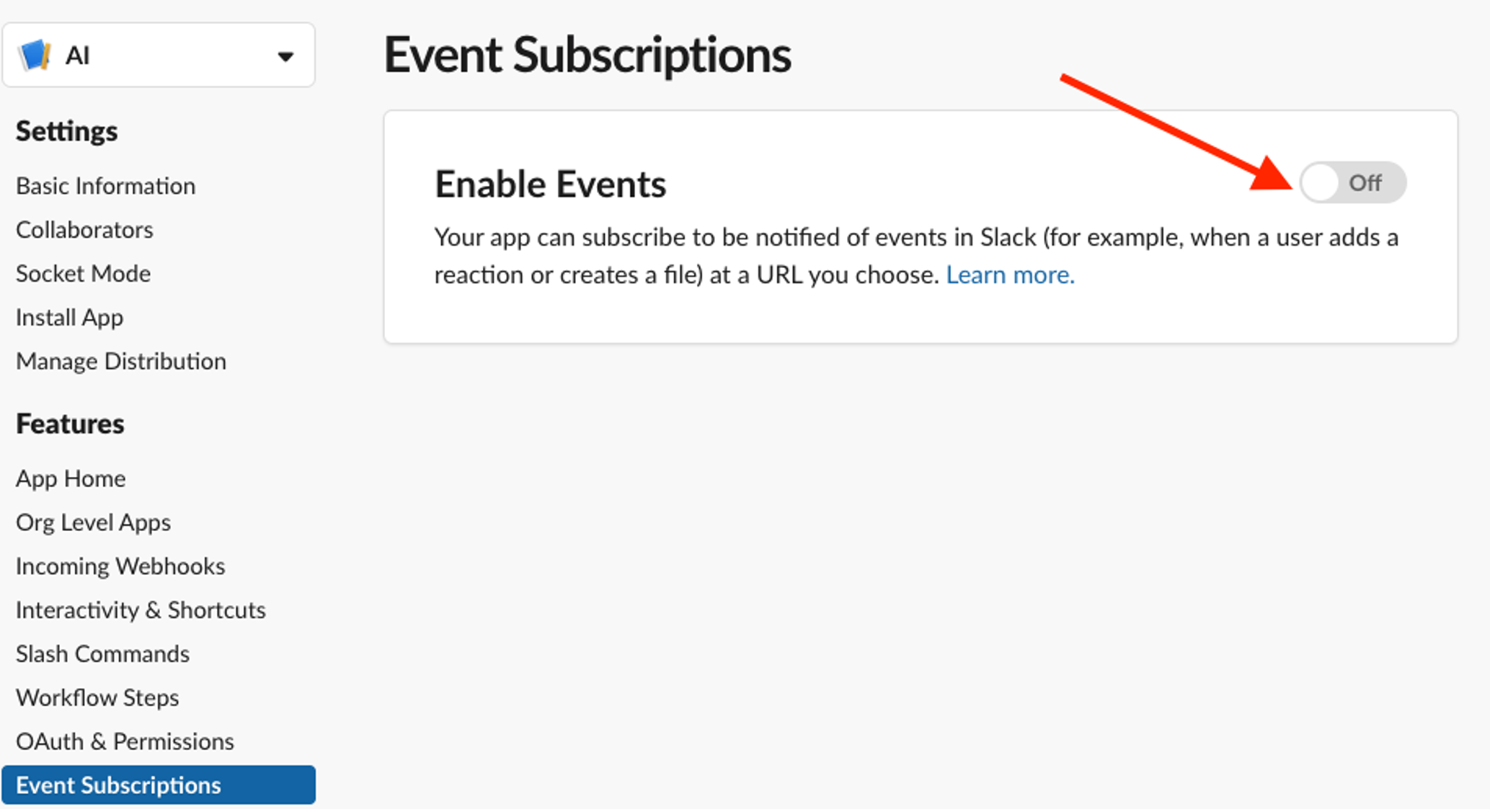 Enable event subscription on Slack application