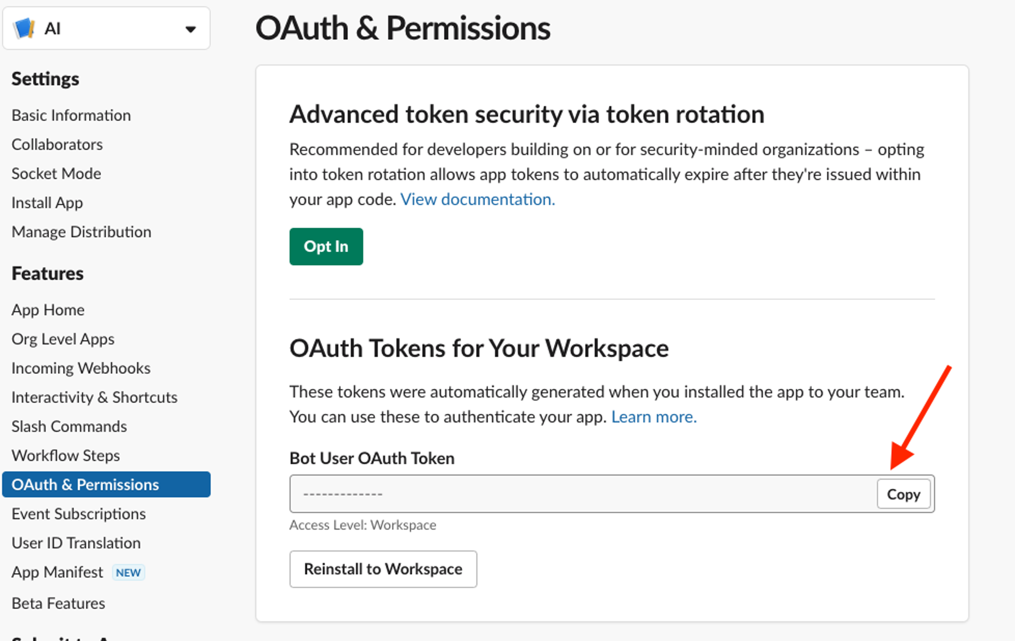 OAuth and permissions for Slack application