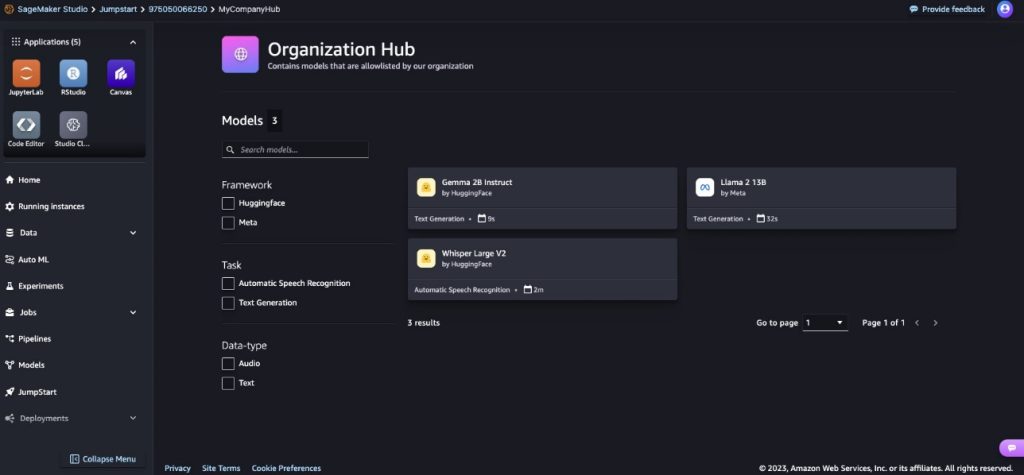 Manage Amazon SageMaker JumpStart foundation model access with private hubs | Amazon Web Services condition PlatoBlockchain Data Intelligence. Vertical Search. Ai.