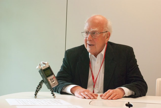 Peter Higgs with a microphone