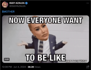 Azalea posted a meme that is a reference to security guard John Michael Wozniak shrugging after beating six-time NBA champion Michael Jordan in a pitching coins game. (Iggy Azalea/X)
